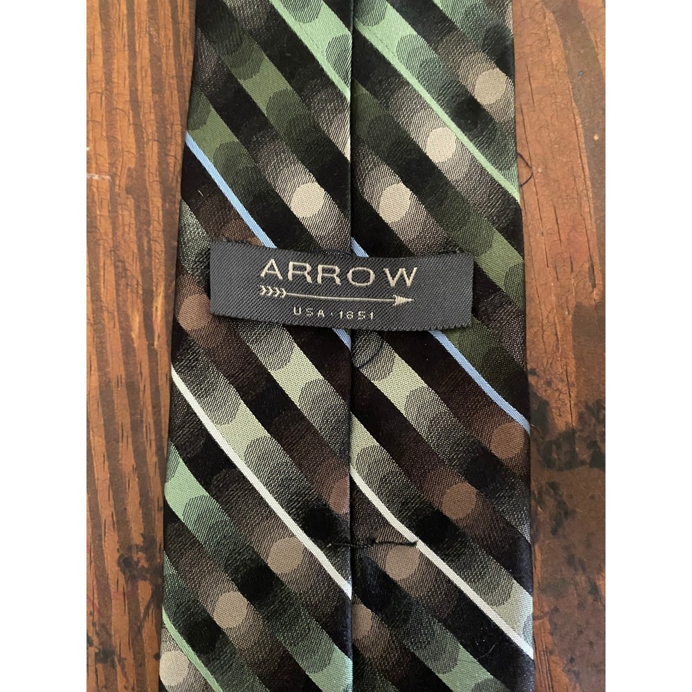 Arrow USA 1851 Mens Silk Necktie Green Black Brown Striped Geometric Pattern Tie